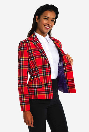 Woman wears womens blazer with tartan print 