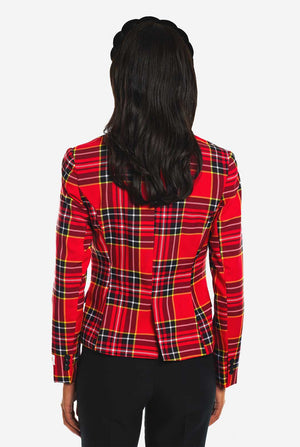 Woman wears womens blazer with tartan print 