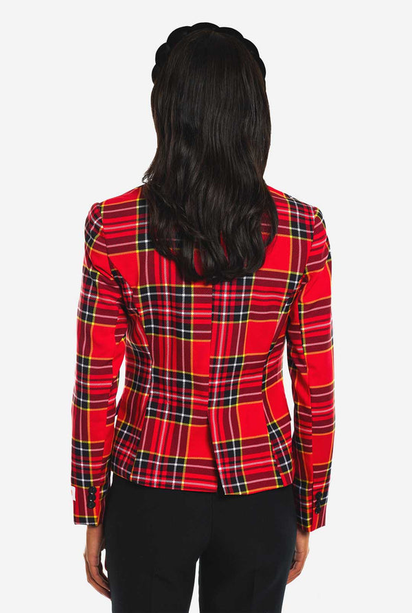 Woman wears womens blazer with tartan print 