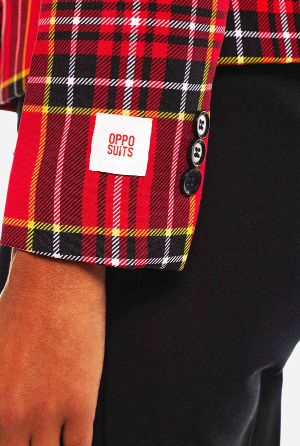 Woman wears womens blazer with tartan print 