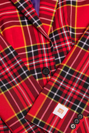 Woman wears womens blazer with tartan print 