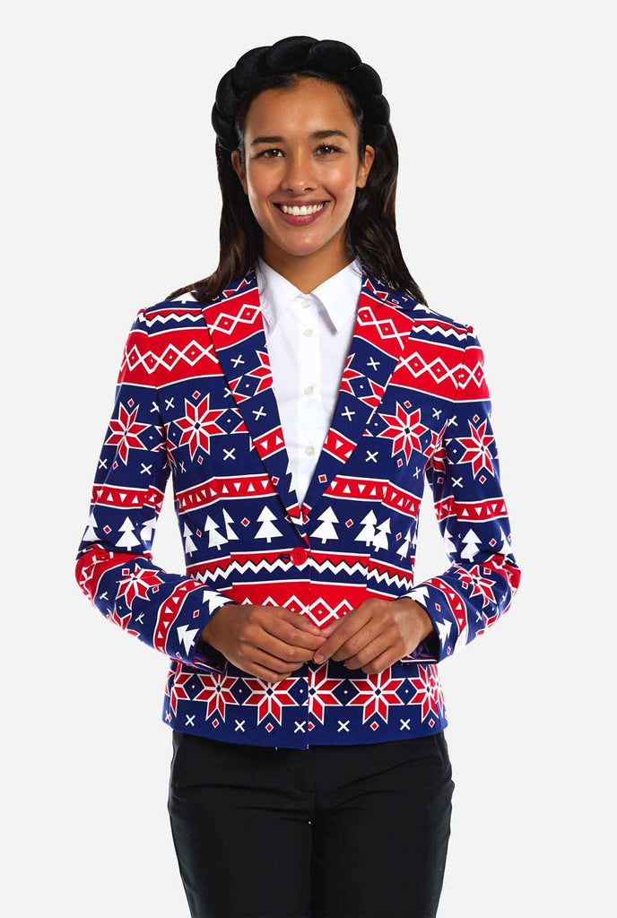 Woman wearing Christmas blazer with Nordic print