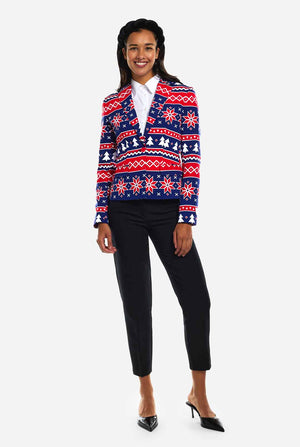 Woman wearing Christmas blazer with Nordic print