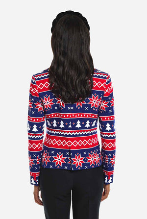 Woman wearing Christmas blazer with Nordic print
