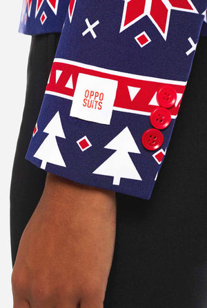 Woman wearing Christmas blazer with Nordic print