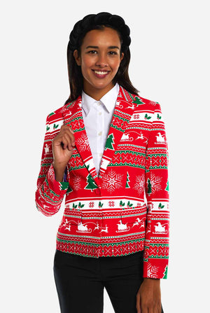 Woman wearing Christmasblazer with winter print
