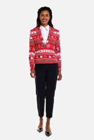 Woman wearing Christmasblazer with winter print