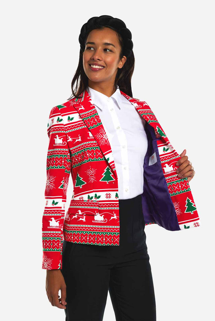 Woman wearing Christmasblazer with winter print