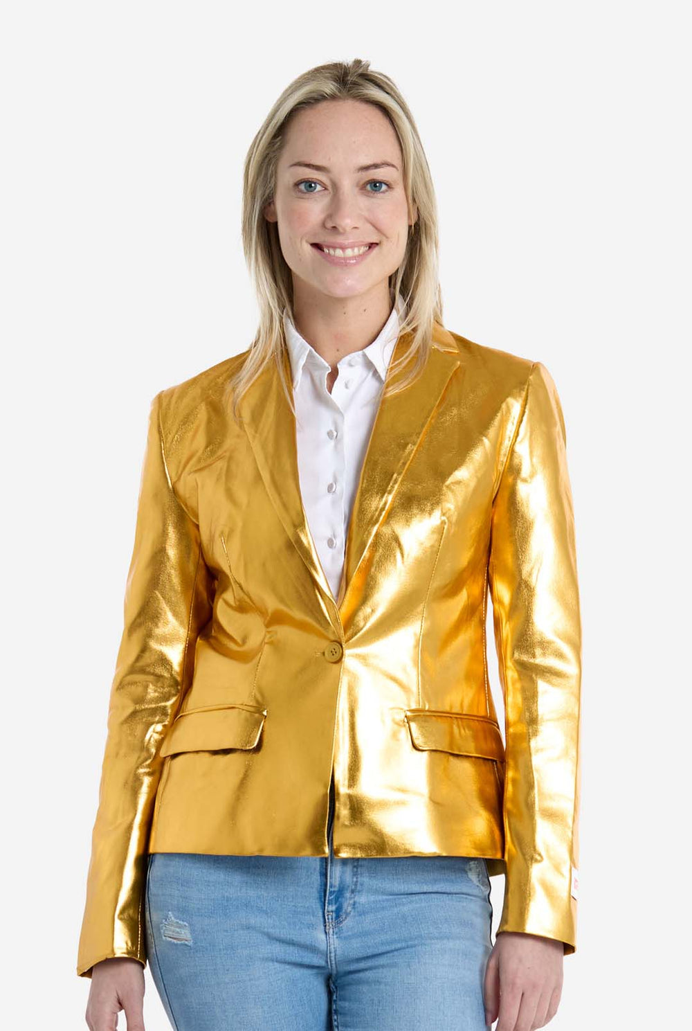 Woman wearing a shiny gold blazer over a white shirt on a white background