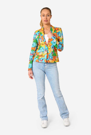 Women wearing a multi colored pokemon blazer, featuring characters such as pikachu, squirtle, charmander and bulbasaur. Looking in the camera.