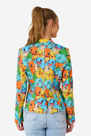 Women wearing a multi colored pokemon blazer, featuring characters such as pikachu, squirtle, charmander and bulbasaur. View from the back.