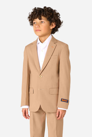 Kid wearing a stylish light brown/ beige suit with a white dress shirt, looking away from the camera. Perfect formal outfit for boys' special occasions, weddings, and parties.