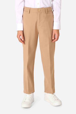 Kid wearing a stylish light brown/ beige suit with a white dress shirt, looking away from the camera. Perfect formal outfit for boys' special occasions, weddings, and parties. Focused on the pants.