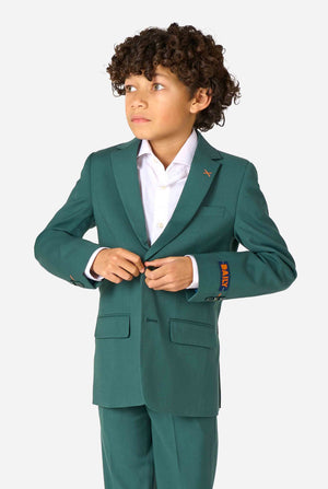 Kid wearing a stylish dark green suit with a white dress shirt, looking away from the camera. Perfect formal outfit for boys' special occasions, weddings, and parties.