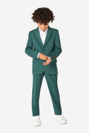 Kid wearing a stylish dark green suit with a white dress shirt, looking away from the camera. Perfect formal outfit for boys' special occasions, weddings, and parties. Full body image.