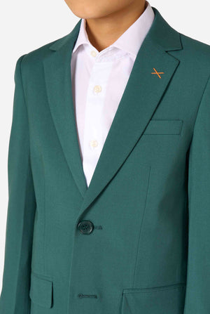 Kid wearing a stylish dark green suit with a white dress shirt, looking away from the camera. Perfect formal outfit for boys' special occasions, weddings, and parties. Chest close up.