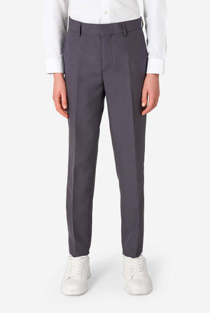 Teen boy wearing a stylish charcoal colored grey suit with a white dress shirt, smiling confidently. Perfect formal outfit for boys' special occasions, weddings, and parties. Pants close-up.