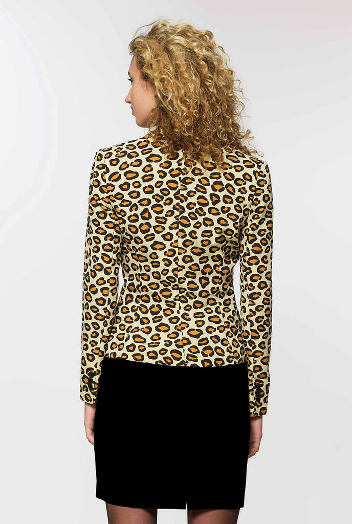 Woman wearing womens blazer with panther/ jaguar print