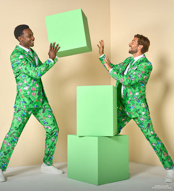 Two man in minecraft suit trowing a block to each other and two block on the floor.