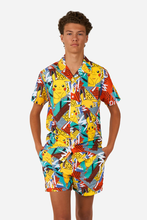 Teen wearing summer set consisting of shirt and short with Pikachu Pokemon print