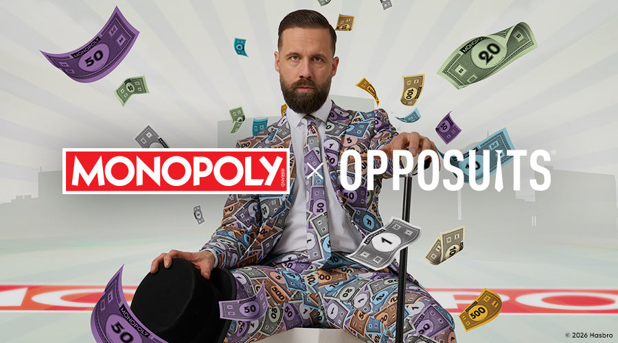 Image of a man wearing a monopoly money suit sitting on a Monopoly board. The logos of Monopoly and OppoSuits in the center.
