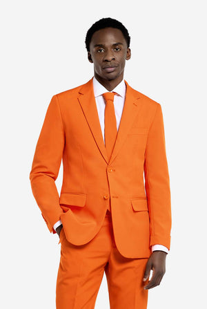 Video of man wearing orange men's suit with dress shirt