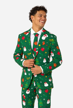 Video of Man wearing Festivity green Christmas suit for men with Christmas icons