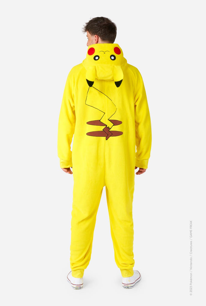 Man wearing yellow Pokemon Pikachu Unisex Adult onesie, view from the back 